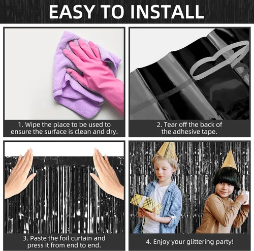 Miniatura 4 de Paquete de 12 cortinas de fondo de flecos de papel de aluminio, 3.28 x 9.84 pies, cortinas de flecos metálicos negros de oropel de papel de aluminio