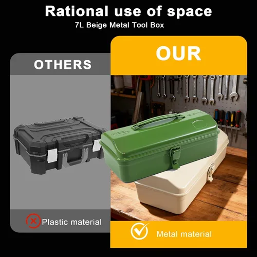Miniatura 6 de Caja de herramientas de metal portátil verde militar, estilo de techo de cadera con cierre de cierre de metal, pecho de herramienta para taller