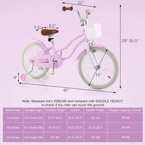 Miniatura 8 de BABY JOY Bicicleta para niños, 12, 14, 16, 18, 20 pulgadas, con asiento ajustable, cesta extraíble, freno de mano y freno de posavasos, ruedas