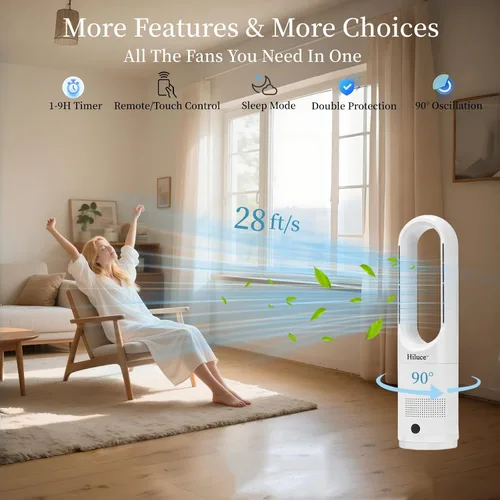 Miniatura 7 de Hiluce Ventilador sin aspas para todas las estaciones, combo de calentador de espacio de 1400W y ventilador de torre de 40W con control remoto