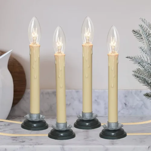 SUNSGNE Juego de 4 velas eléctricas para ventana, 7 pulgadas enchufables con bombillas C26 de 7 W, velas eléctricas con base de hierro de ciruela de