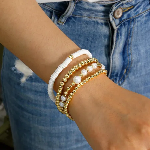 Miniatura 3 de Pulsera de cuentas de oro para mujer, apilable, chapada en perlas, juego de pulseras elásticas para mujer, a la moda