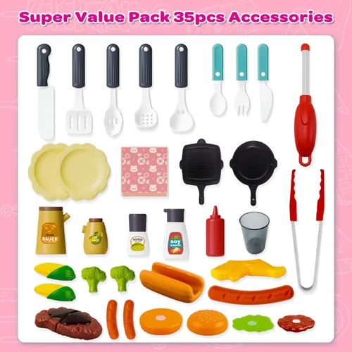 Miniatura 6 de AuroTops Juego de juguetes de cocina rosa, juego de parrilla para niños con humo, sonido y luz, juego de chef, juguetes interactivos de cocina