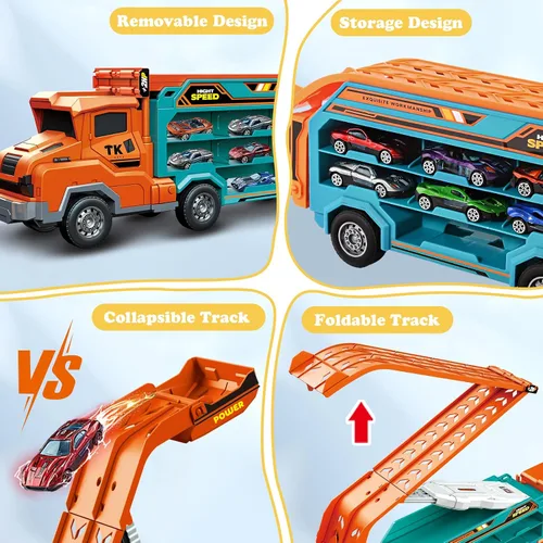 Miniatura 3 de Juguetes de camión para niños pequeños, camión transportador de automóvil de juguete para niños de 3 a 5 4 a 8 años, juegos de pista de autos Naranja