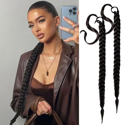 Miniatura 18 de 2 paquetes de 16 pulgadas de extensión de cola de caballo trenzada larga negra para mujeres negras con banda elástica, trenzado recto, extensiones