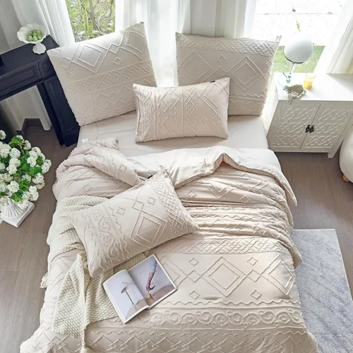 Miniatura 5 de Edredón con Mechones Tamaño King Juego de 3 Piezas Beige Boho Decoración de Dormitorio Estilo Granja para Todas las Estaciones Edredón Tamaño King