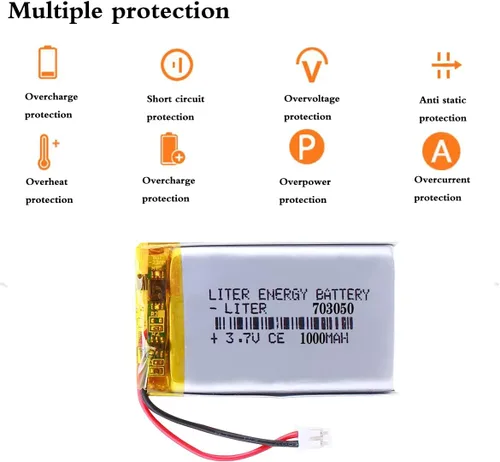 Miniatura 2 de 3.7V 703050 1000mAh batería de iones de polímero de litio recargable batería de polímero con conector JST 0.079 in