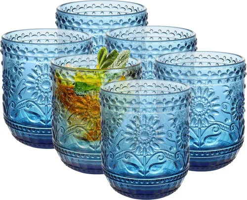 Topsky Juego de 6 vasos de vidrio vintage, 354.83 ml grabado con flores, juego de cristalería decorativa, vasos de vino, vasos para bebidas, vasos