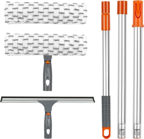 Miniatura 7 de Kit de limpieza de ventanas con poste extensible, escobilla de 10 pulgadas y combo de limpiador de microfibra de 11 pulgadas con poste de acero