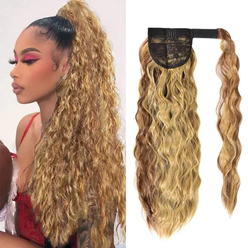 Miniatura 13 de Extensión de cola de caballo con clip de onda de maíz, 22 pulgadas de largo, ondulado, rizado, envolvente, resistente al calor, sintético, postizo