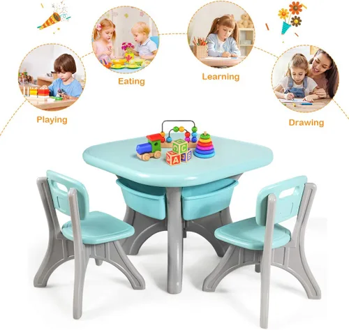 Miniatura 5 de HONEY JOY Juego de mesa y silla para niños, mesa de actividades de plástico para niños y 2 sillas con contenedores de almacenamiento, juego de Verde