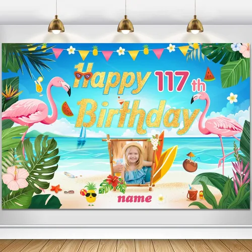 Miniatura 106 de Cartel de decoración de feliz cumpleaños número 100 personalizable con flamencos, playa, trópicos, Hawái y tema de verano, tamaños grandes