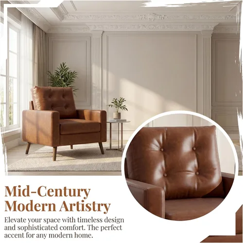 Miniatura 7 de HNY Sillón moderno de mediados de siglo, silla decorativa de piel sintética con botones y reposabrazos, silla tapizada para sala de estar