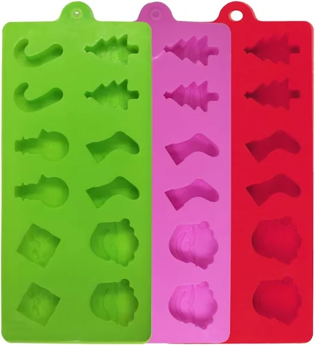 Miniatura 6 de YuCool Paquete de 3 moldes de silicona de Navidad para chocolate y caramelos, pequeños moldes de silicona para hornear – rojo, verde, rosa