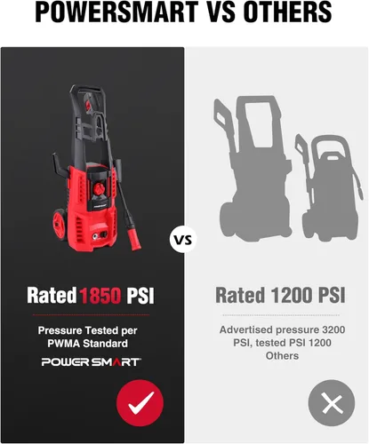 Miniatura 4 de Lavadora eléctrica a presión PowerSmart, 1850 PSI 1.7 GPM, lavadora de potencia portátil con boquillas ajustables, cañón de espuma, 58 pies de Rojo