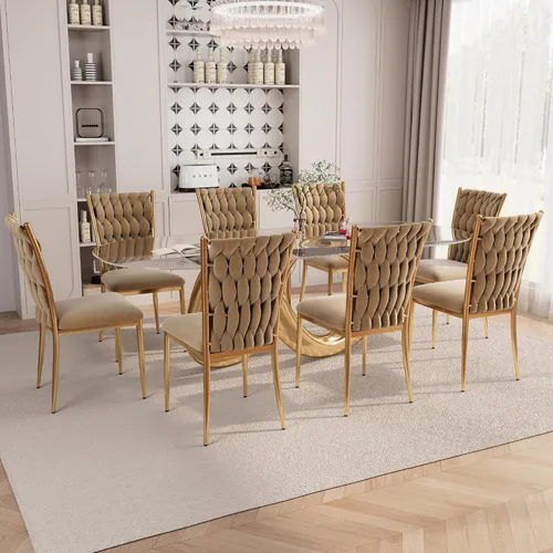 Miniatura 19 de Juego de 2 sillas de comedor de terciopelo, modernas sillas de cocina tejidas con patas de metal dorado, cojín tapizado con respaldo alto