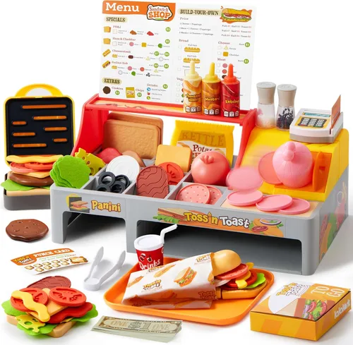 Juguete de restaurante y comida de juego de simulación para niños, accesorios de cocina de juego incluyen sandwichera de juguete con rebanador para
