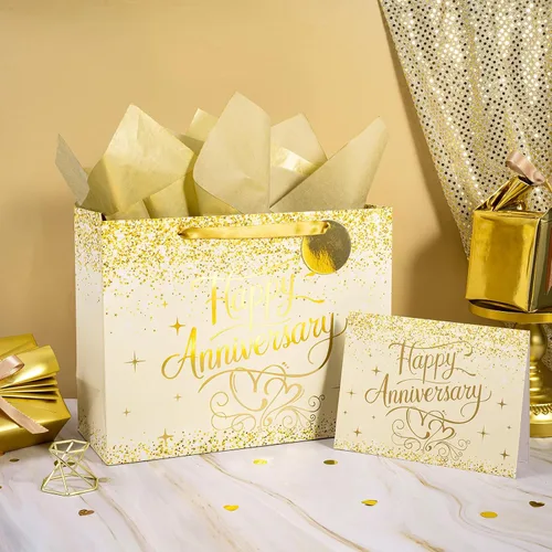 Miniatura 2 de LeZakaa 13" Wedding Anniversary Bag with Tissue Paper, Tag & Greeting Card, Happy Anniversary Gold Glitter Gift Bag for Couple, Parents, Wife