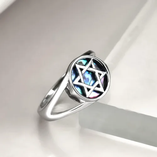 Miniatura 3 de TIGER RIDER Anillo de plata de ley 925 con estrella de Davids Star of David en concha de abulón