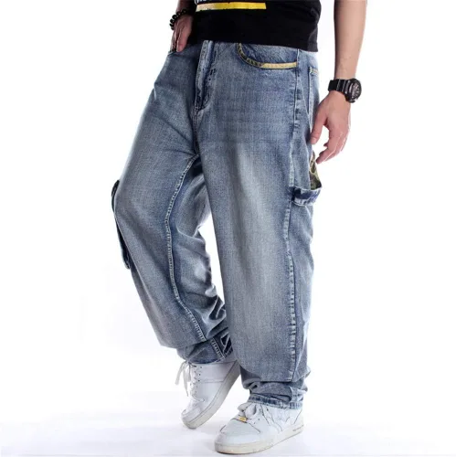 Miniatura 4 de LUOBANIU Pantalones de mezclilla holgados para hombre, pantalones de hip hop, ajuste holgado, estilo vintage de los años 90, pantalones cargo