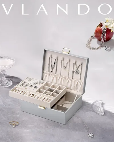 Miniatura 7 de Vlando - Joyero de 2 capas, joyero organizador grande para mujeres, bandeja de joyería removible para collares, aretes, anillos, pulseras, joyeros