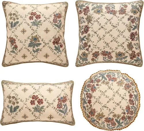 patdrea juego de 4 fundas de almohada decorativas, diseño vintage europeo en color marrón claro de lino con patrón floral, fundas de almohada