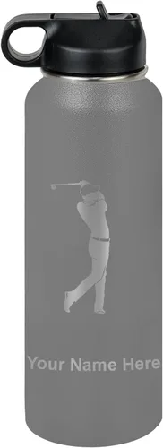 Miniatura 35 de LaserGram Botella de agua personalizada, golfista de golf, acero inoxidable de doble pared aislada al vacío con popote superior, regalo grabado Negro