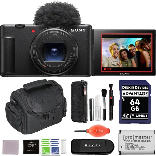 Sony ZV-1 II - Paquete de cámara de vlog para creadores de contenido y vloggers (negro) con tarjeta SD de 64 GB, bolsa para dispositivos y más