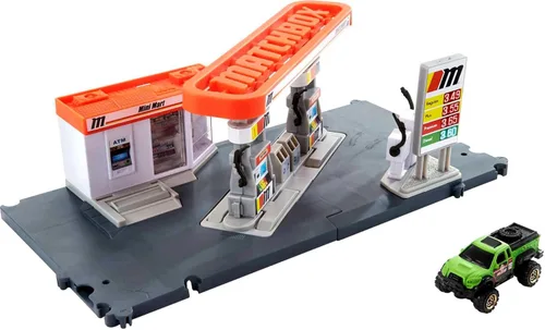 Matchbox Juego de Coches de Juguete, Estación de Combustible con Conductores de Acción y Camión de Juguete a Escala 1:64, Mangueras de Gas Movibles