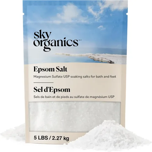 Sky Organics - Remojo de baño de sal de Epsom, 5 libras - Sulfato de magnesio USP - 100% puro, grano medio - Sin perfume - Sales de baño de remojo -