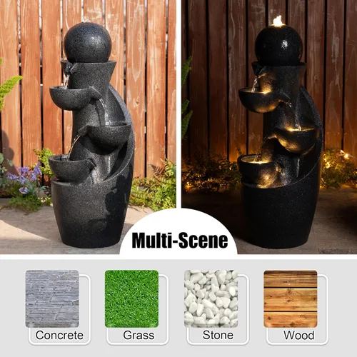 Miniatura 4 de Glitzhome Fuente de agua para exteriores con luz LED y bomba, moderna fuente de poliresina de 5 niveles y esfera para exteriores, fuente de cascada