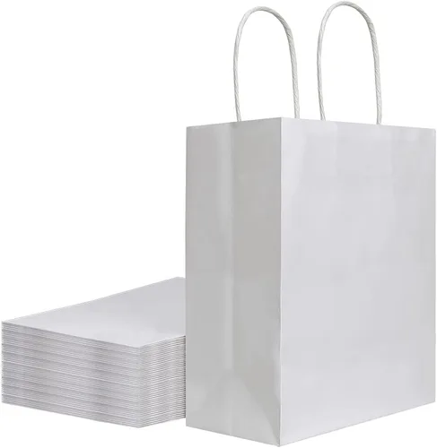 Bolsas de papel Kraft de color blanco mediano con asas a granel, bolsas de regalo Bagmad 8x4.75x10 in, bolsas de regalo para manualidades, compras