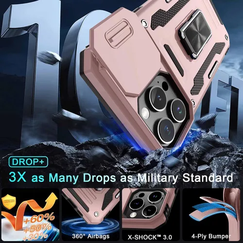 Miniatura 34 de DEERLAMN Funda para iPhone Xs Max con funda deslizante para cámara + protector de pantalla, soporte giratorio de anillo de grado militar a prueba