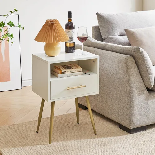 Miniatura 4 de IBUYKE Mesita de noche, mesita de noche moderna de mediados de siglo, mesita de noche con cajones y estante de almacenamiento abierto, mesa auxiliar