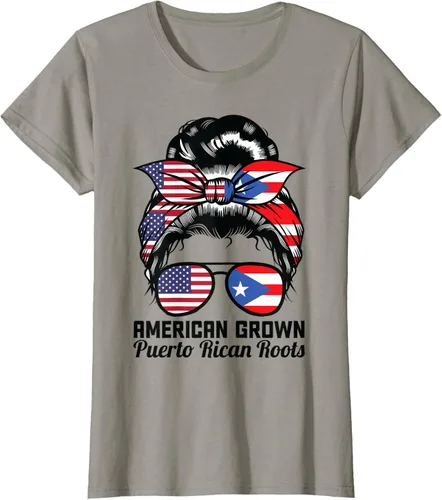 Camiseta de moño desordenado con raíces puertorriqueñas cultivadas en Estados Unidos para mujer, gris, S