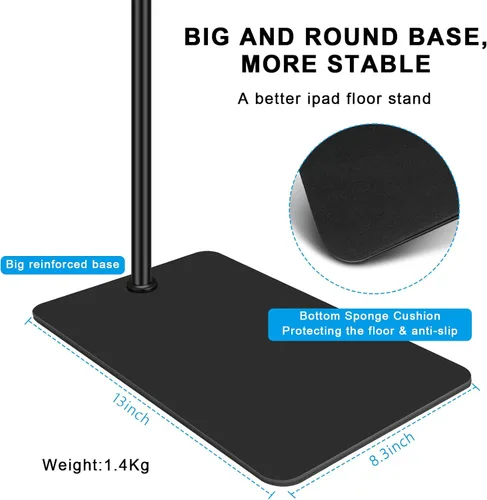 Miniatura 7 de Soporte de suelo para tableta con base de doble peso, soporte de metal giratorio de 360 grados con soporte flexible de cuello de cisne de brazo