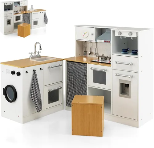 HONEY JOY Juego de cocina para niños, juego de cocina modular de madera de 2 piezas, lavadora y fregadero, cafetera, campana extractora y estufa,