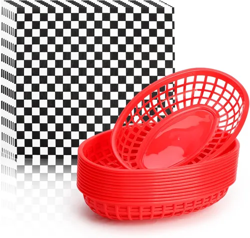 Miniatura 11 de EUSOAR Cestas de hamburguesa y forros de papel, 12 cestas reutilizables de plástico negro de 9.4 x 5.9 pulgadas para servir alimentos y 10 x 11