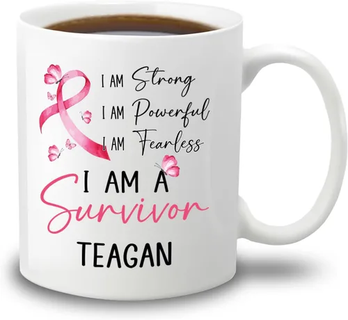 Miniatura 26 de Taza de café de concientización sobre el cáncer de mama con nombre personalizado, taza de café de 11 onzas, taza de té de cerámica blanca