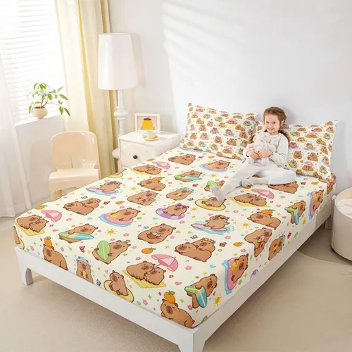 Miniatura 7 de Sábana bajera ajustable de Capybara de dibujos animados tamaño individual para niños, bonito juego de cama de Capybaras marrón para niños y niñas