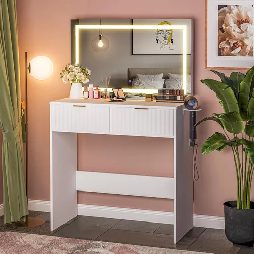 Miniatura 4 de Escritorio estriado con espejo y luces, tocador de maquillaje con 2 cajones, 3 modos de iluminación de brillo ajustable, tocador para dormitorio