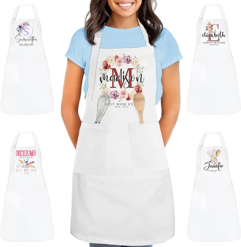 Delantal de cocina blanco personalizado, regalos para mujeres, 9 diseños lindos con texto de nombre, delantales de cocina personalizados para