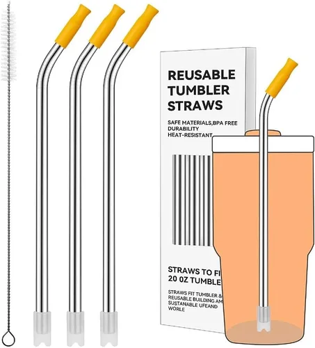 Miniatura 45 de Pajitas de metal rectas para vaso Stanley de 40 onzas, paquete de 3 popotes reutilizables de acero inoxidable con puntas de silicona y cepillo Gris