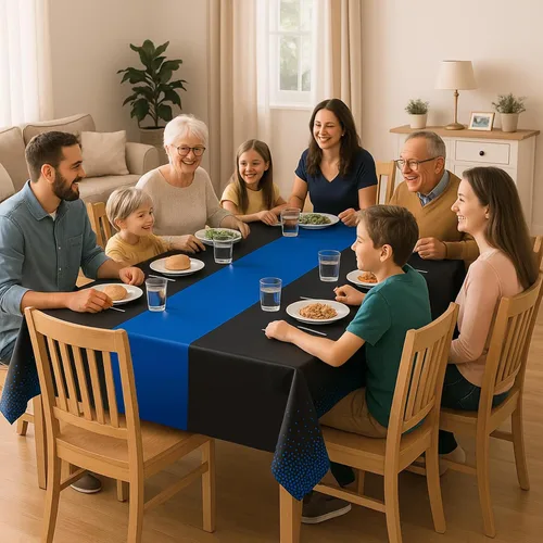 Miniatura 7 de Manteles de plástico desechables 2 en 1 de 54 x 108 pulgadas, mantel rectangular de cocina con lunares negros y azules, para boda, cumpleaños, baby