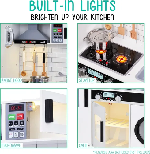 Miniatura 4 de Lil' Jumbl Juego de cocina para niños, cocina de madera de simulación, máquina de hielo a pilas, microondas, campana extractora, estufa, horno