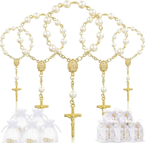 Miniatura 7 de Taiyin Juego de 300 piezas de rosarios para bautizo a granel, pulsera de rosario acrílico, cuentas de perlas sintéticas con bolsa de organza y cajas