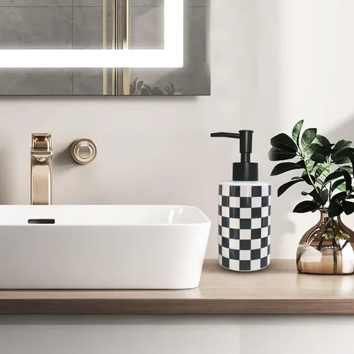 Miniatura 4 de Dispensador de jabón de baño con bomba negra mate, dispensador de jabón de cerámica blanca para cocina, patrón de cuadros, botella de bomba vacía