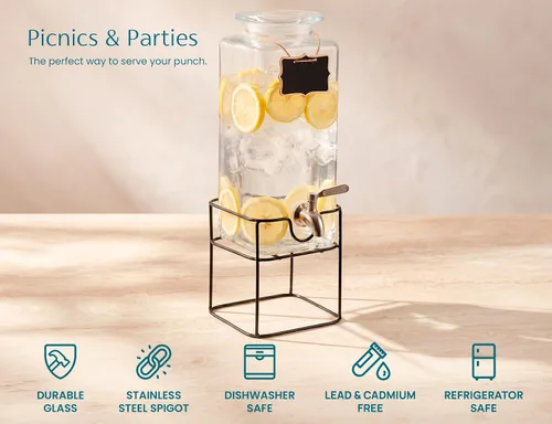 Miniatura 5 de Kook Glass Drink Dispenser, with Stand, 1 Gallon, Serves 15 Cups, Leak-Proof Stainless Steel Spigot, Beverage Storage for Fridge, for Water, Iced
