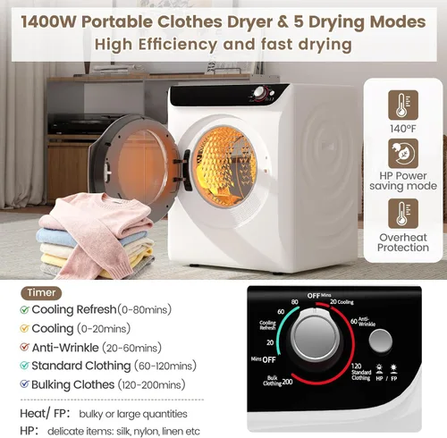 Miniatura 3 de VCJ Secadora portátil de 2.6 pies cúbicos, secadora de ropa eléctrica de 1400 W con 5 modos de secado y bañera de acero inoxidable, secadora Blanco