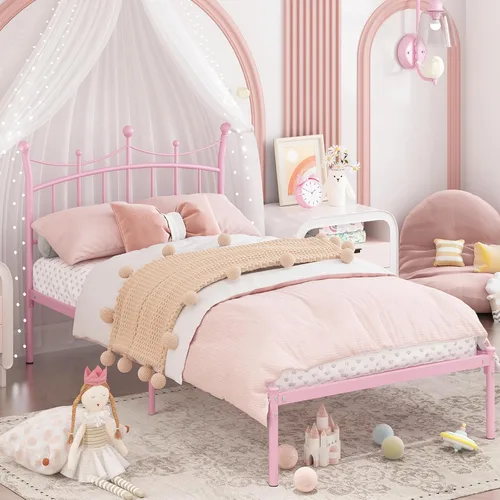Miniatura 9 de Merronix Marcos de cama individuales para niños, cama de tamaño individual con cabecero en forma de corona, fácil montaje, no necesita somier